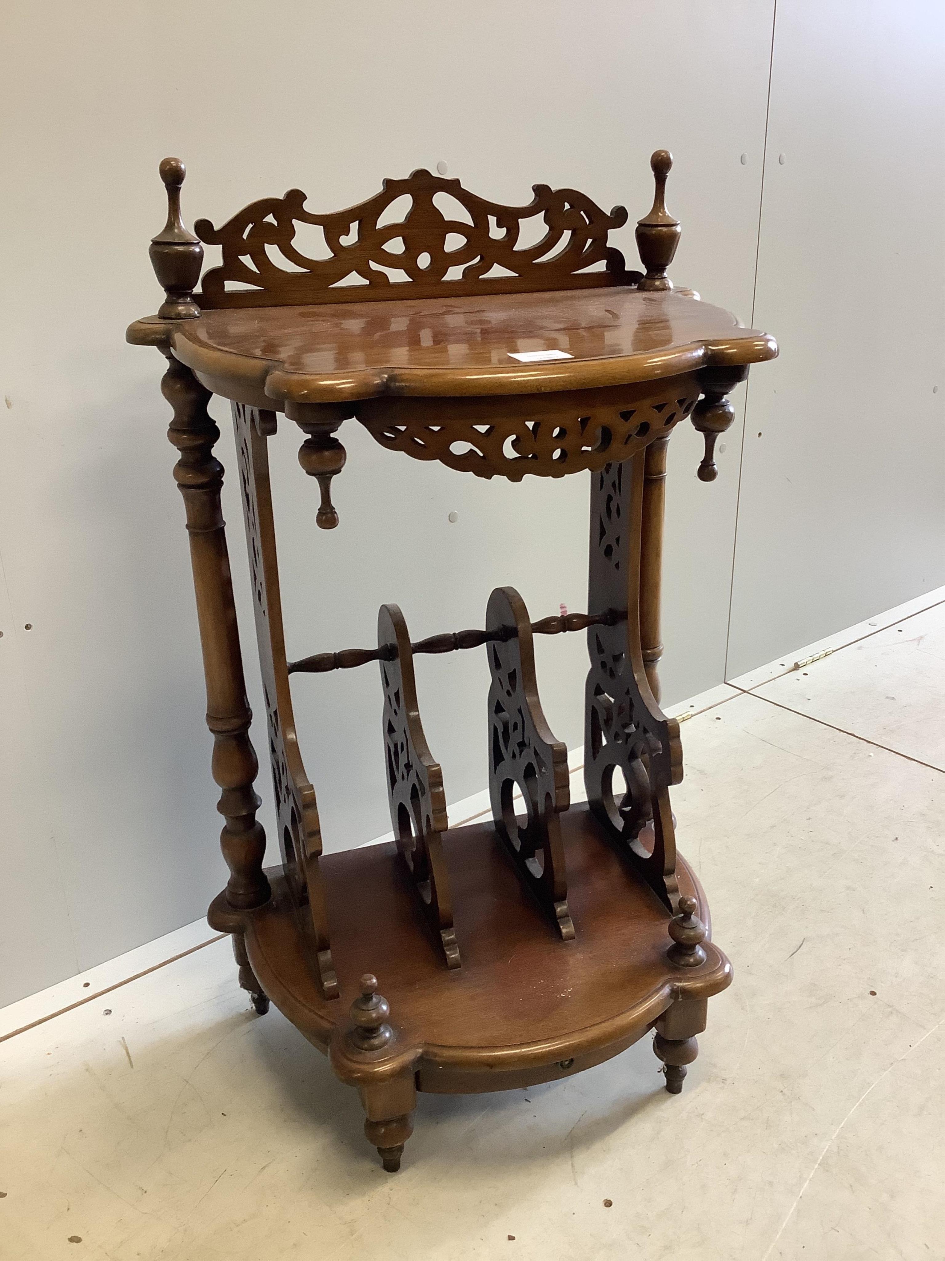 A Victorian style mahogany Canterbury side table, width 56cm, depth 37cm, height 90cm. Condition - fair to good